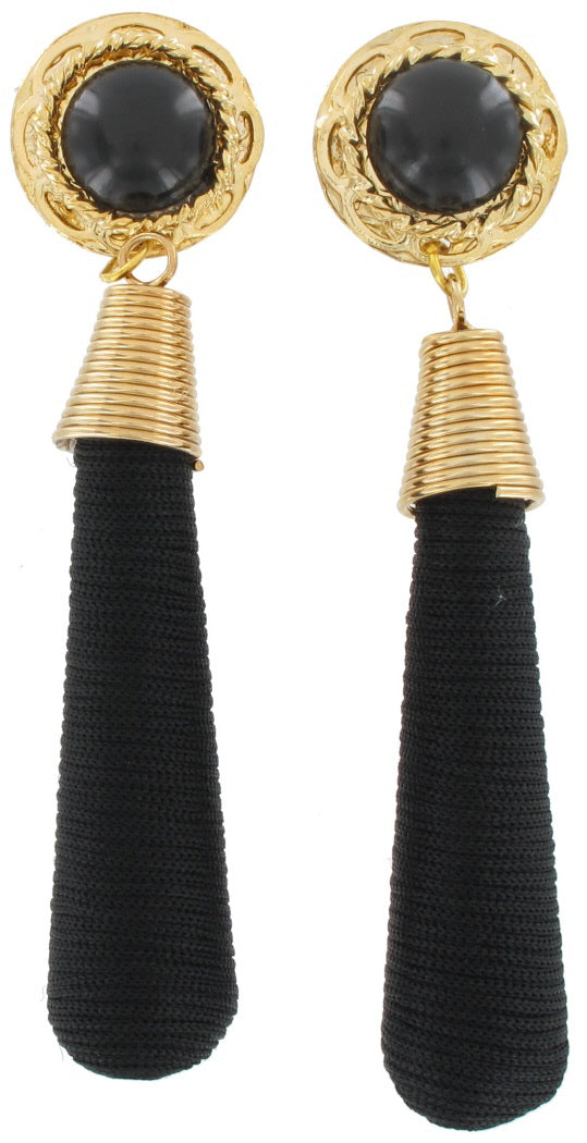 Pierced Earrings Big Huge Long Black String Wrapped Vintage 1980S 4" Statement
