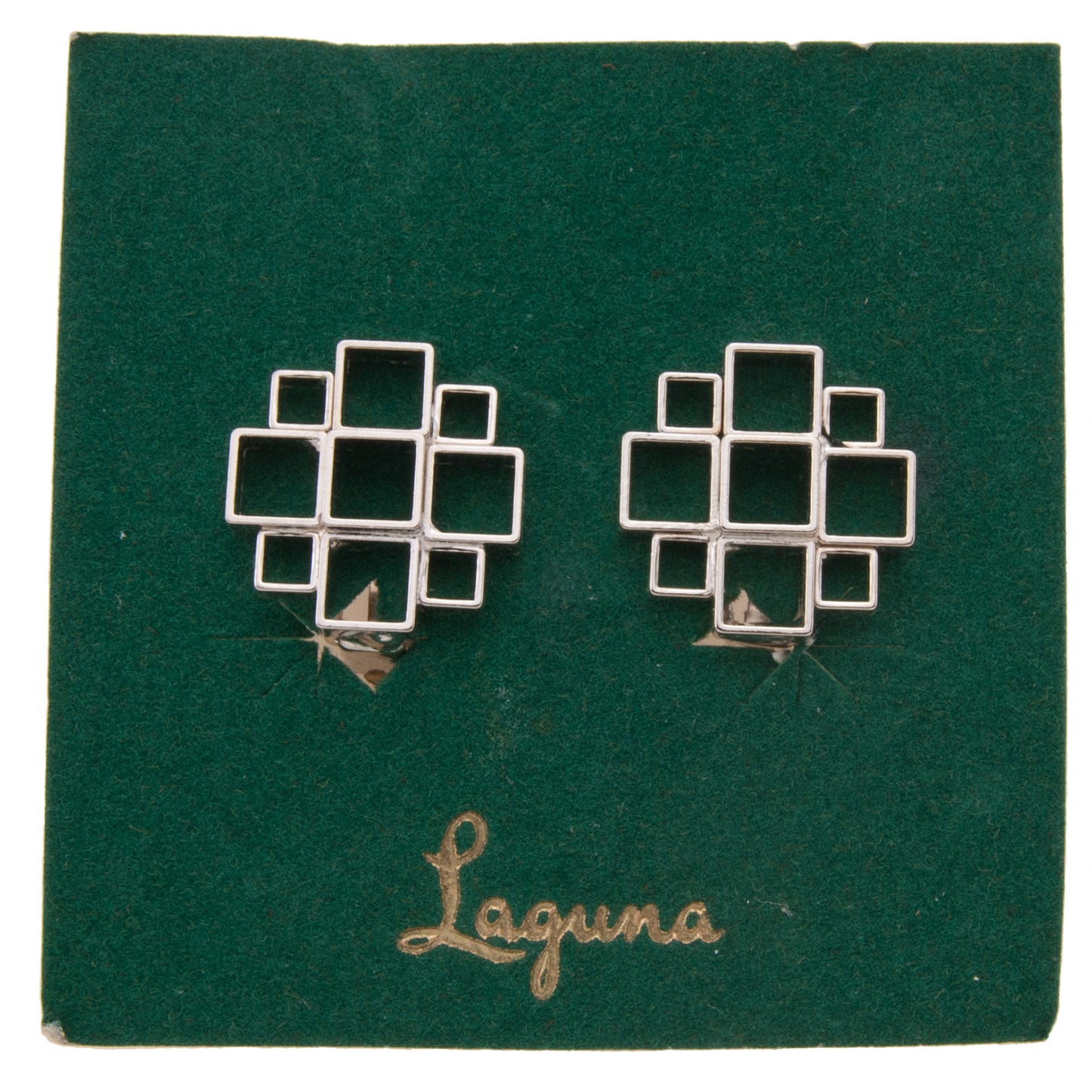Laguna Clip On Earrings Silver Tone Square Geometric Cubist 3/4" Vintage