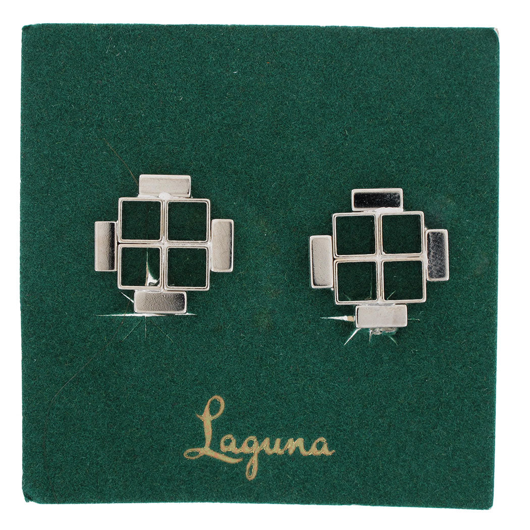 Vintage Clip On Earrings Laguna Silver Tone Square Geometric 3/4"