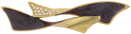 1980S Vintage Gold Tone Rhinestone Purple Enamel Ribbon Pin Brooch 3 1/4"