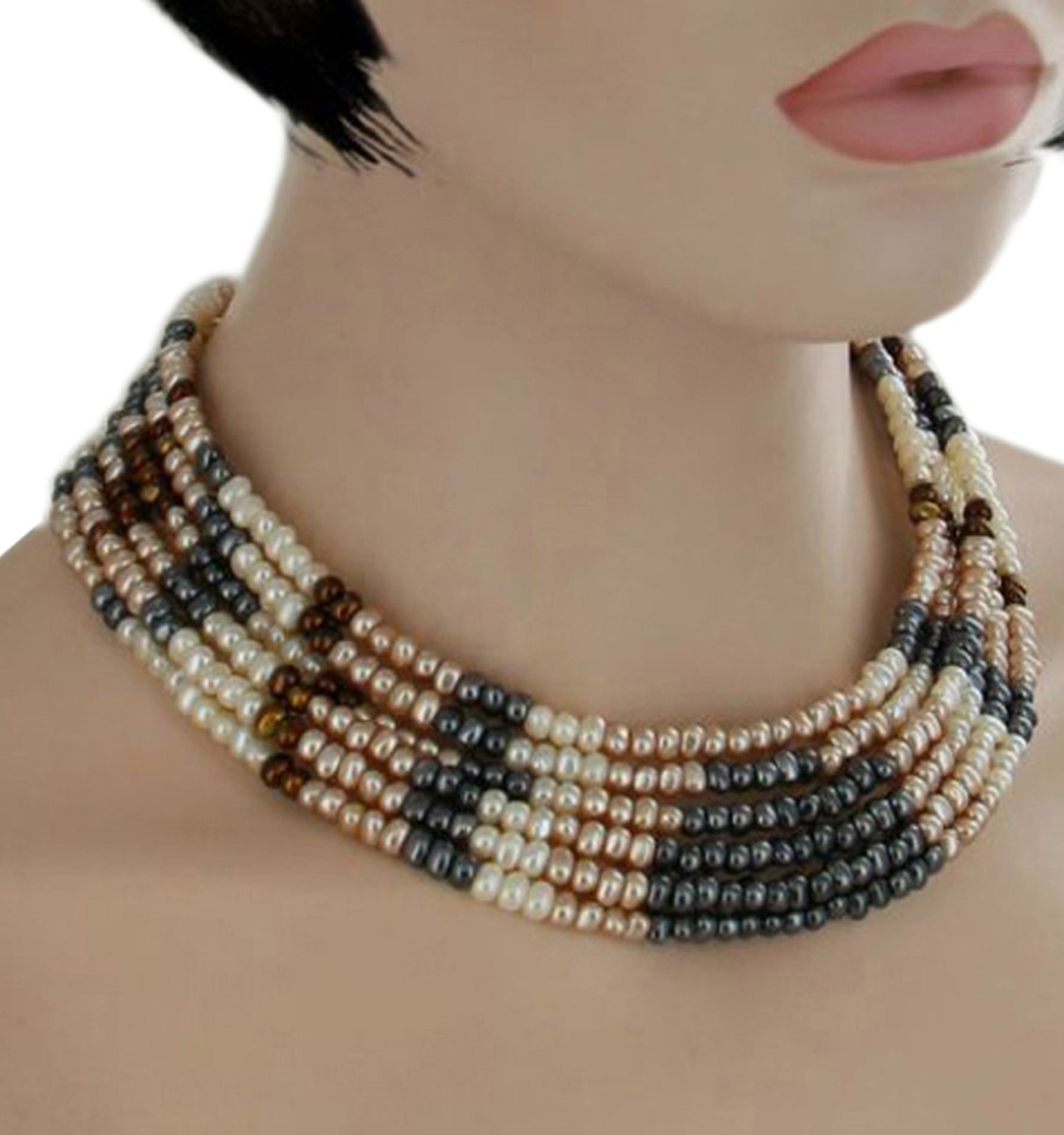 Multicolor Faux Pearl Beaded 6 Strand Statement Necklace  18-20"