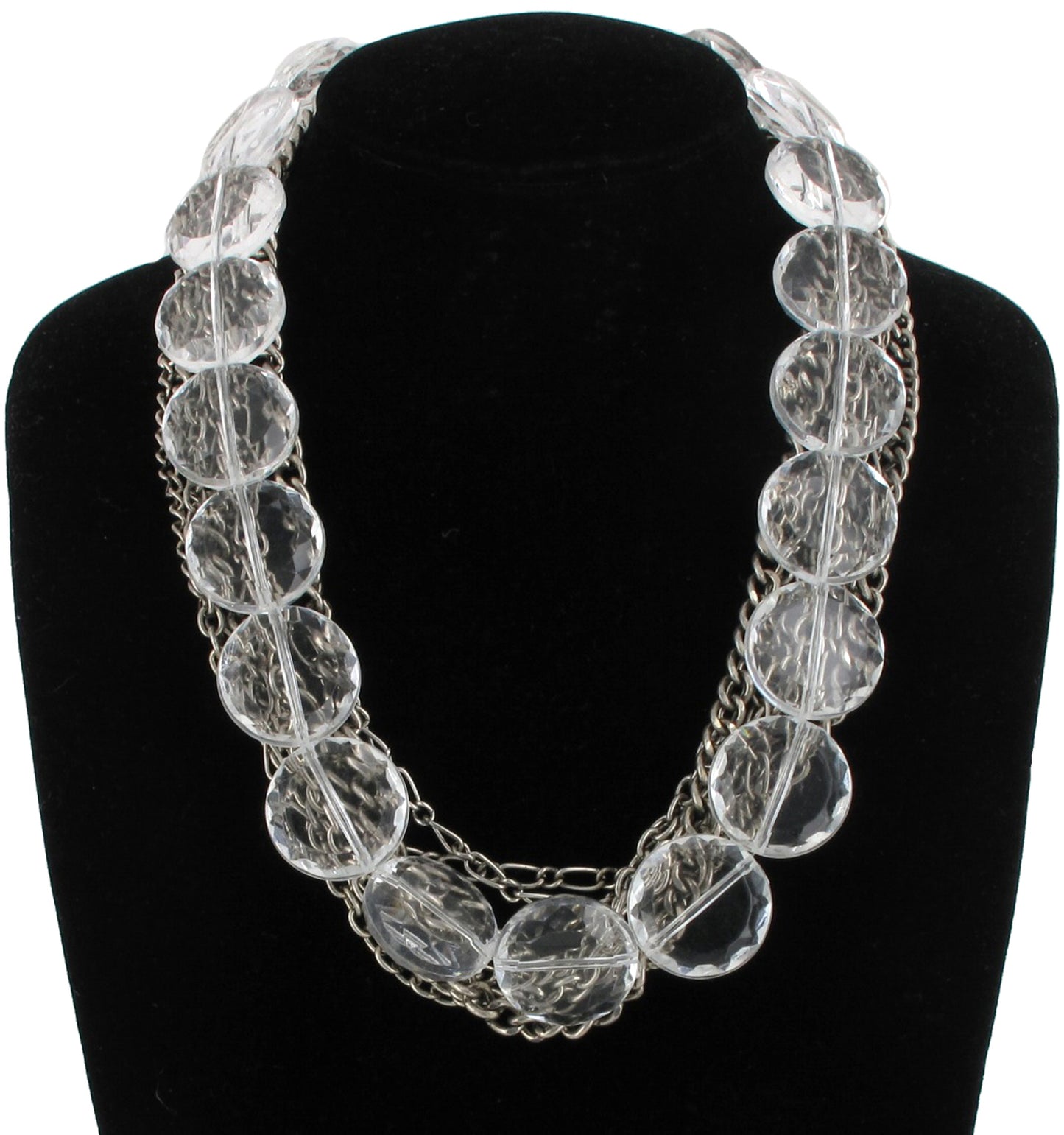 Clear Faceted Beads Multistrand Silver Tone Chain Necklace 20-23"