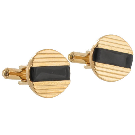 Gold Tone Cufflinks Small Black Bar Round Toggle Back Made In USA