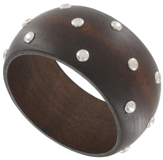 Bulky Brown Wood Silver Tone Studded Bracelet Bangle For Women - Juniors Size