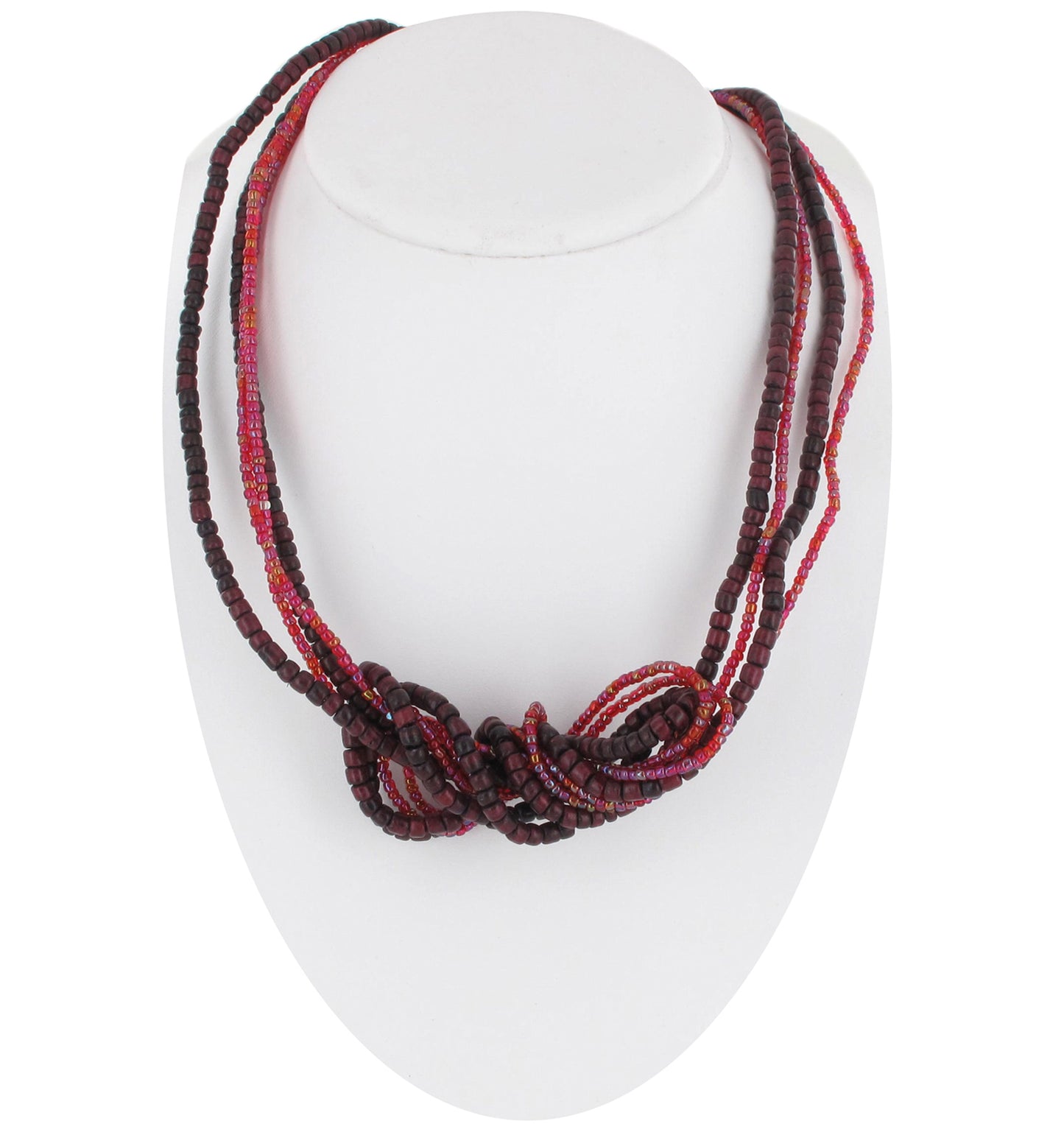 Crazy Wire Red Multicolor Beaded Wood Statement Multi Strand Necklace 40"