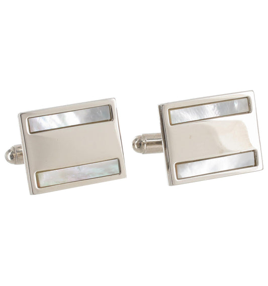 Silver Tone Mens Cufflinks Rectangle Mother Of Pearl Hinge Toggle Back 3/4"