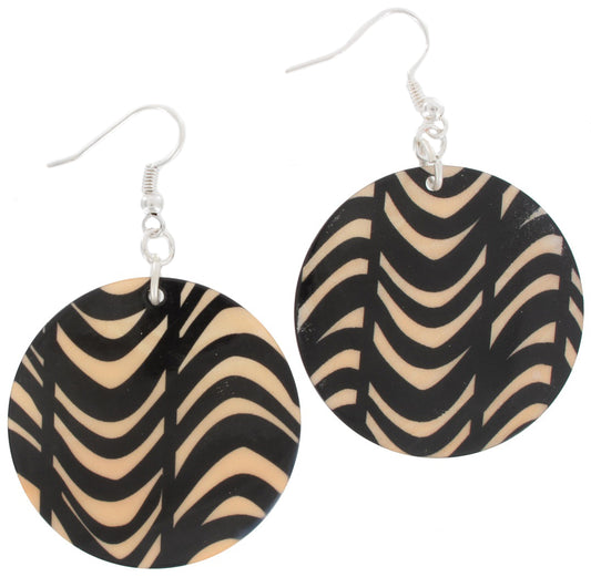 Black Orange Animal Print Round Shell Pierced Drop Dangle Earrings Tribal 2 1/2"