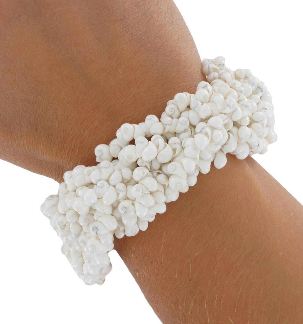 White Cluster Shells Drawstring Beaded Nantucket Surfer Bracelet 6.5-10.5"