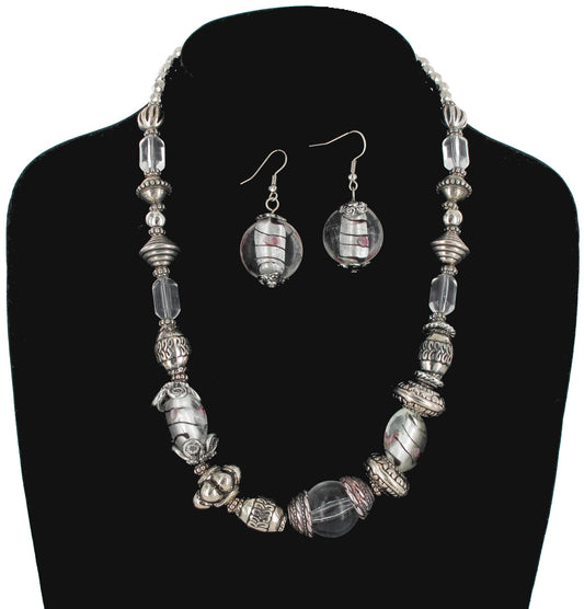 Silver Tone Clear Fused Glass Beaded Pierced Earringss 2" Necklace 19-22" Set
