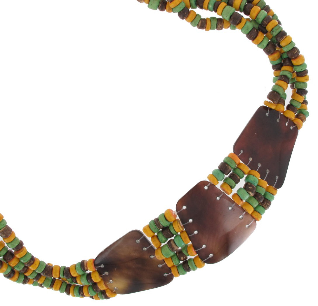 Wood Bead Brown Yellow Green Tribal Horn Multi Strand Necklace 19"