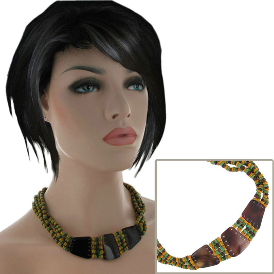 Wood Bead Brown Yellow Green Tribal Horn Multi Strand Necklace 19"