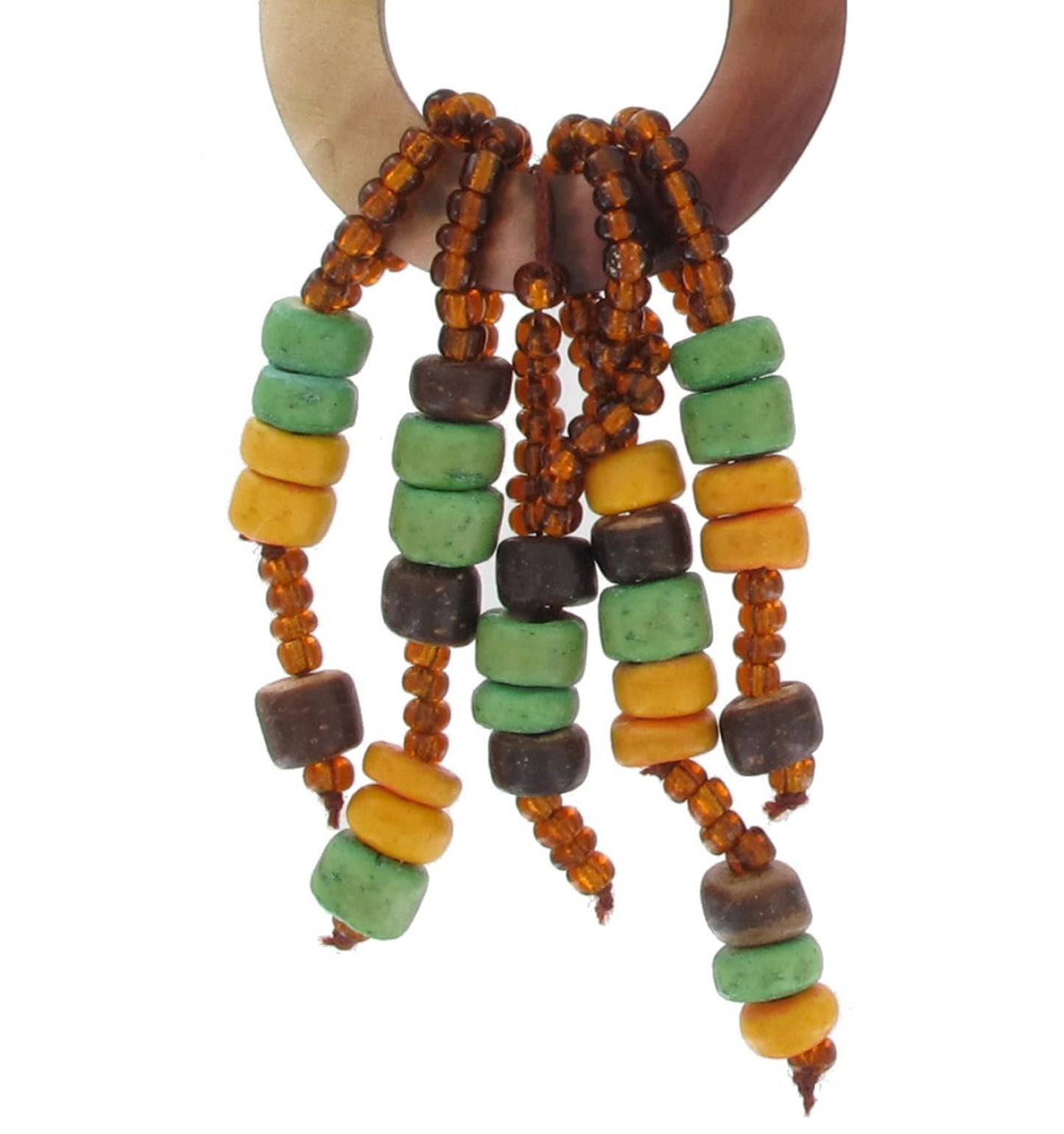 Bohemian Chandelier Earrings Green Brown Yellow Beads Long 3 1/4"