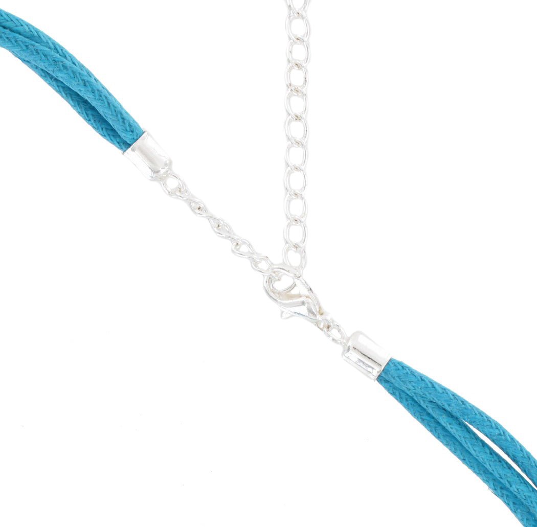 Dual Tone Blue Enamel Scalloped Pendant 2" Cord Multistrand Necklace 16"