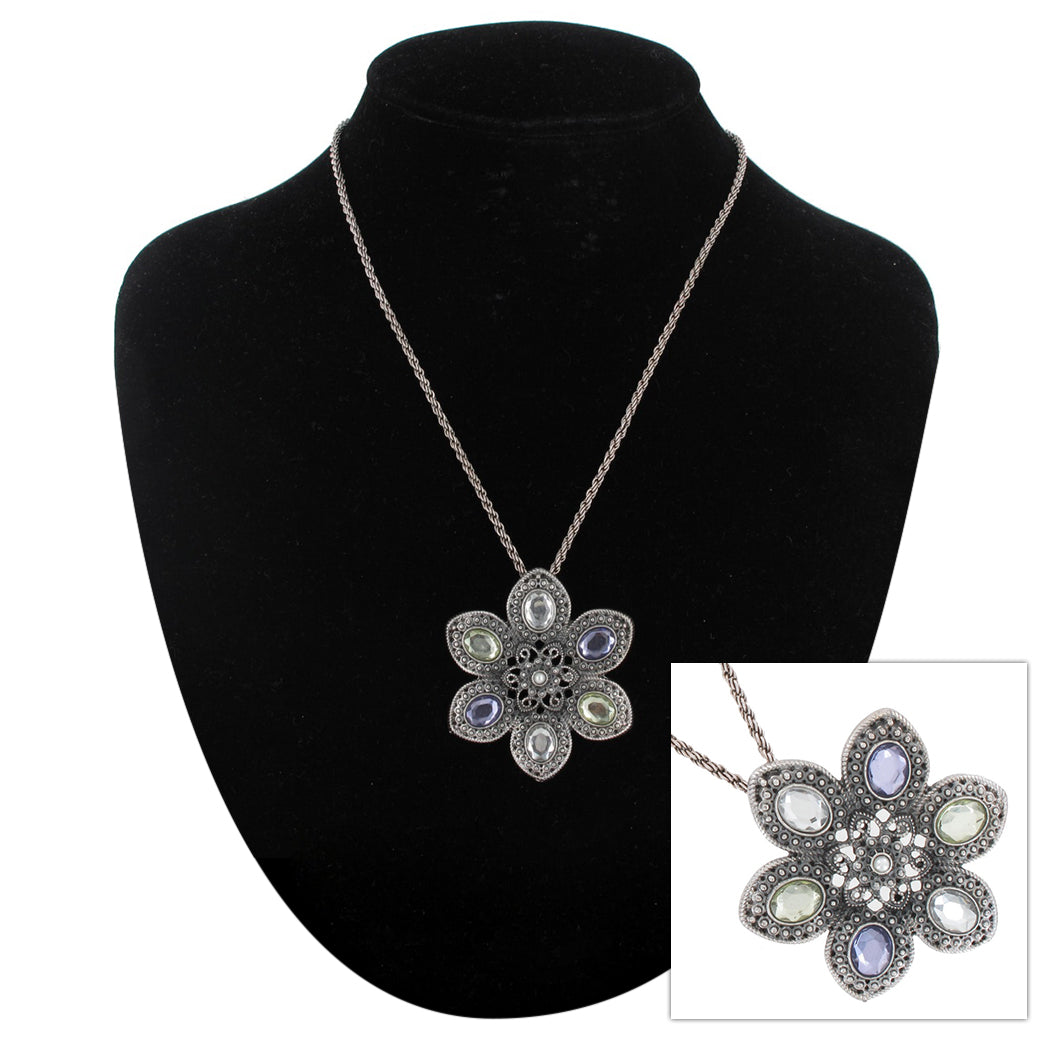 Antiqued Silver Tone Jeweled Flower Pendant Necklace Adjustable Rope Chain 16.5"