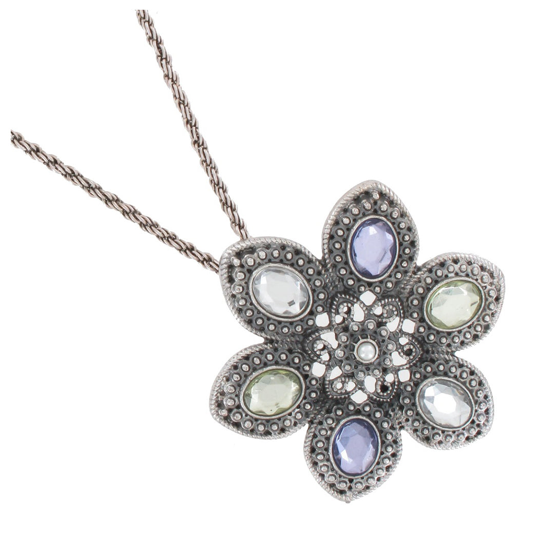 Antiqued Silver Tone Jeweled Flower Pendant Necklace Adjustable Rope Chain 16.5"