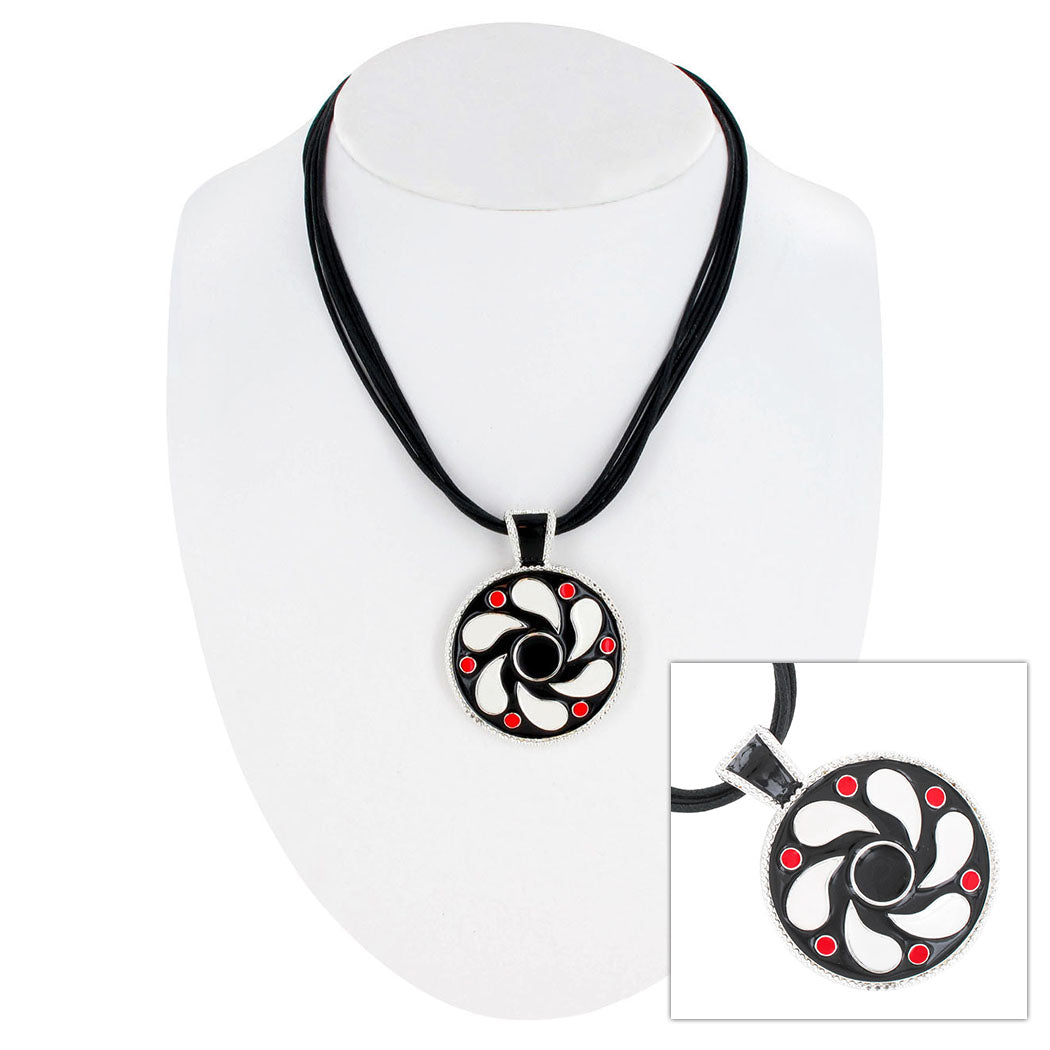 Multi-Strand Black Red White Flower Enamel Silver Pendant Cord Necklace 16-19"