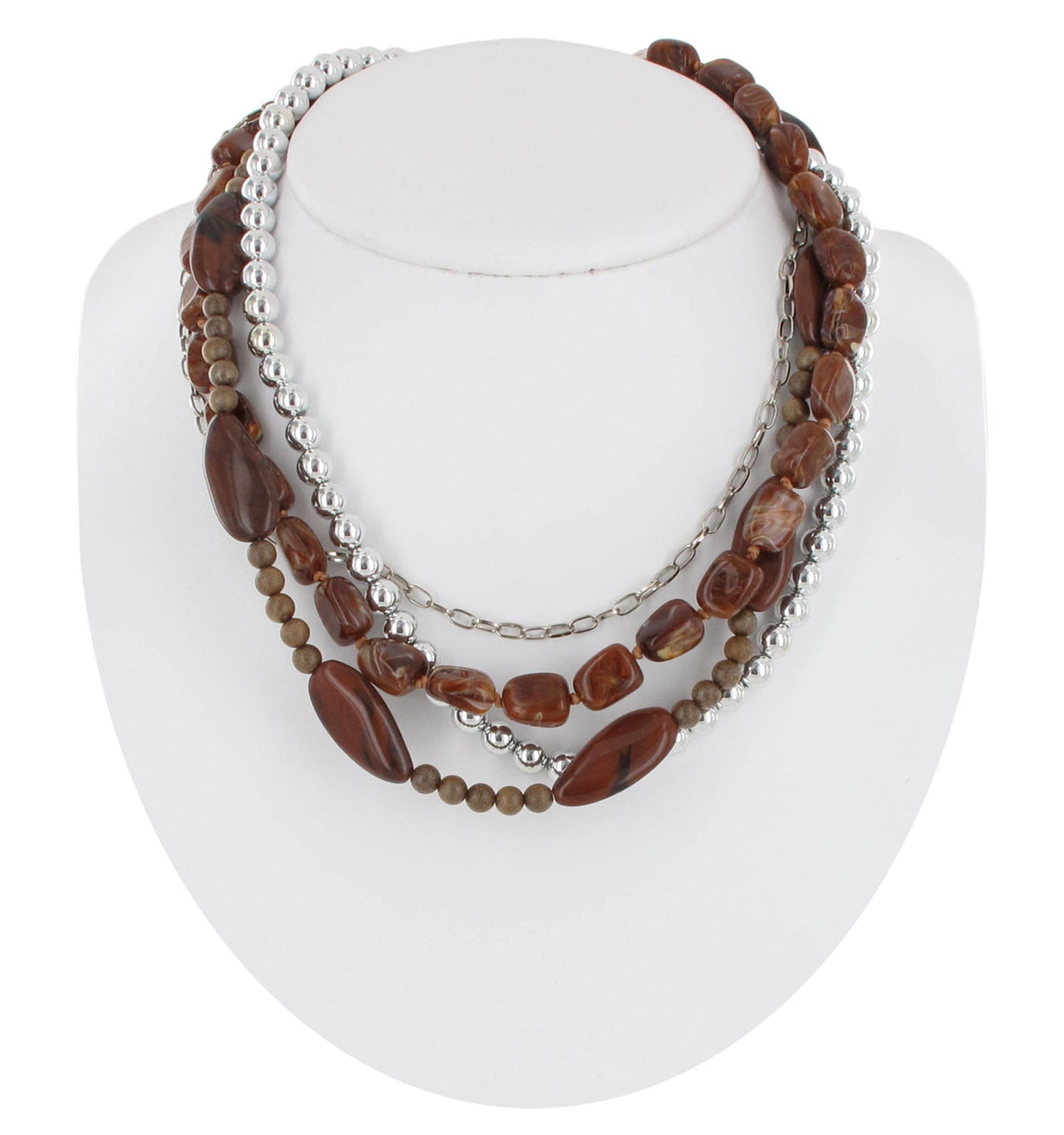 Multistrand Necklace Faux Stone Brown Lucite Bead Chain Silver Tone 19-21.5"