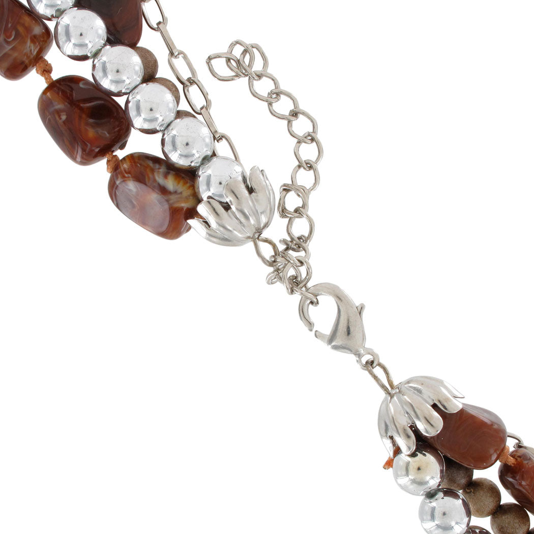 Multistrand Necklace Faux Stone Brown Lucite Bead Chain Silver Tone 19-21.5"