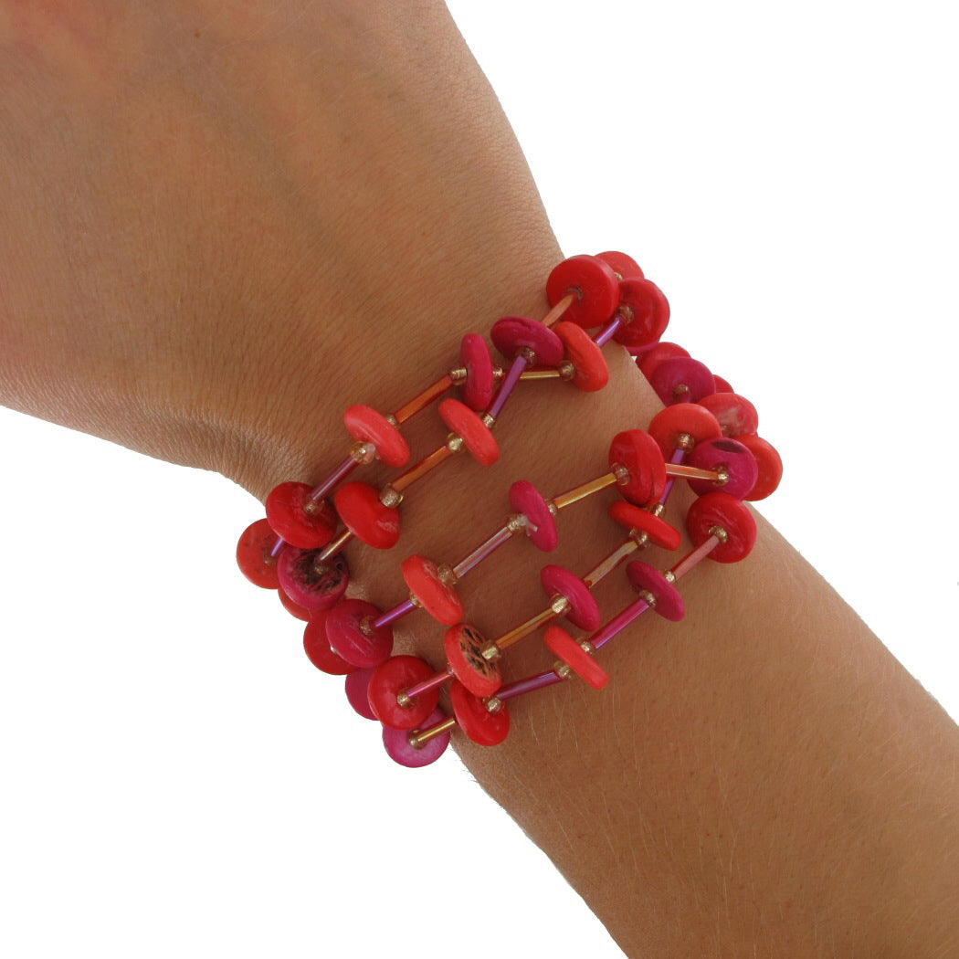 Multi Strand Pink Orange Red Disc Flat Beaded Stretch Summer Bracelet 7.5"