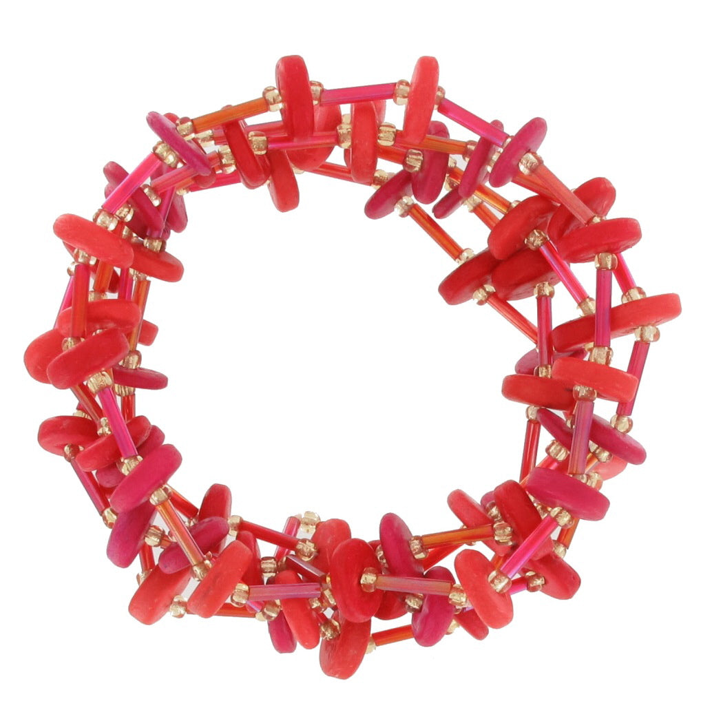 Multi Strand Bracelet Pink Orange Red Beaded Disc Stretch 7.5"