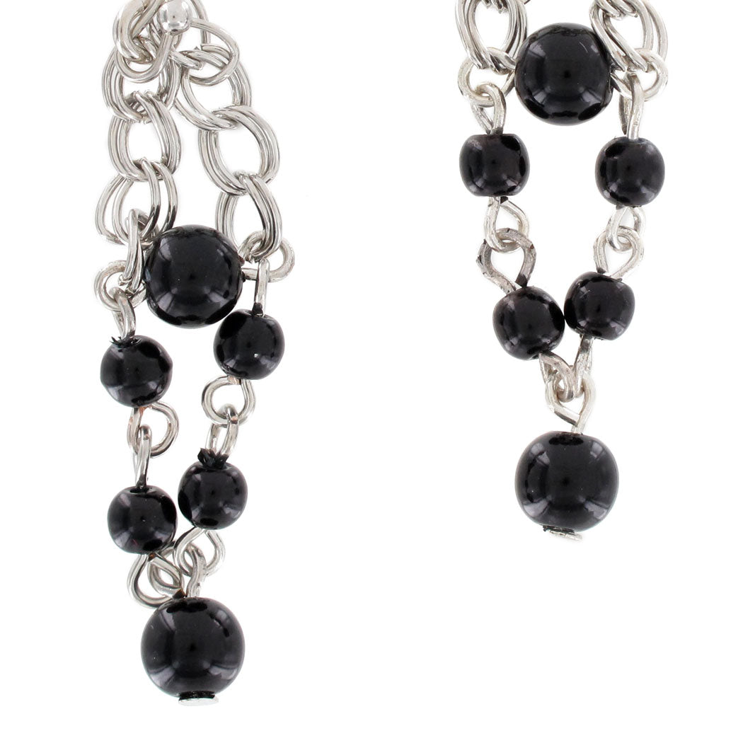 Pierced Earrings Black Bead Silver Tone Chain Dangle 2 1/4"