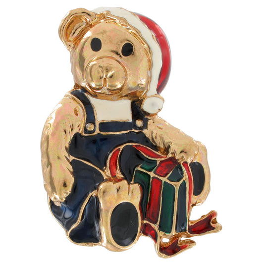 Christmas Pin Brooch Enamel Gold Tone Bear Gifts Presents 1 7/8"
