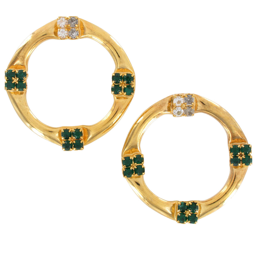 Luigi Briglia Vintage Gold Tone Green Rhinestone Pierced Hoop Earrings 2"
