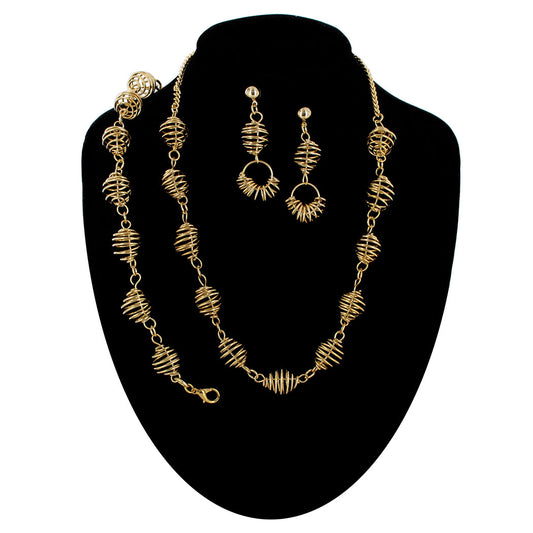 Gold Tone Openwork Wire Necklace Pierced Earrings 2.37" Bracelet 9" Chain21"