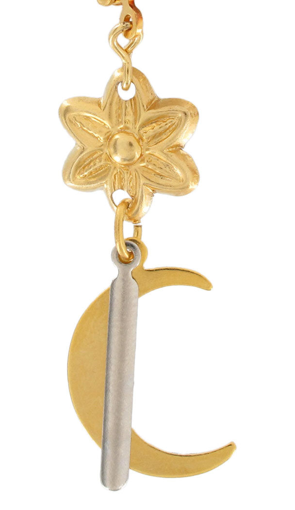 Italy Gold Tone Flower Moon Charm Chandelier Pierced Earrings Vintage 1.75"