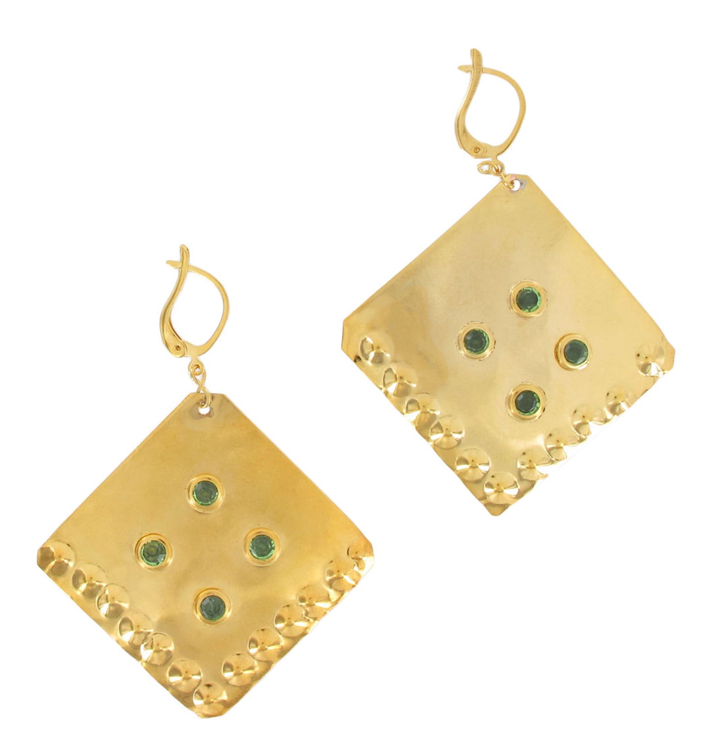 Gold Tone Green Rhinestones Dangle Pierced Earrings Handmade Vintage 2"