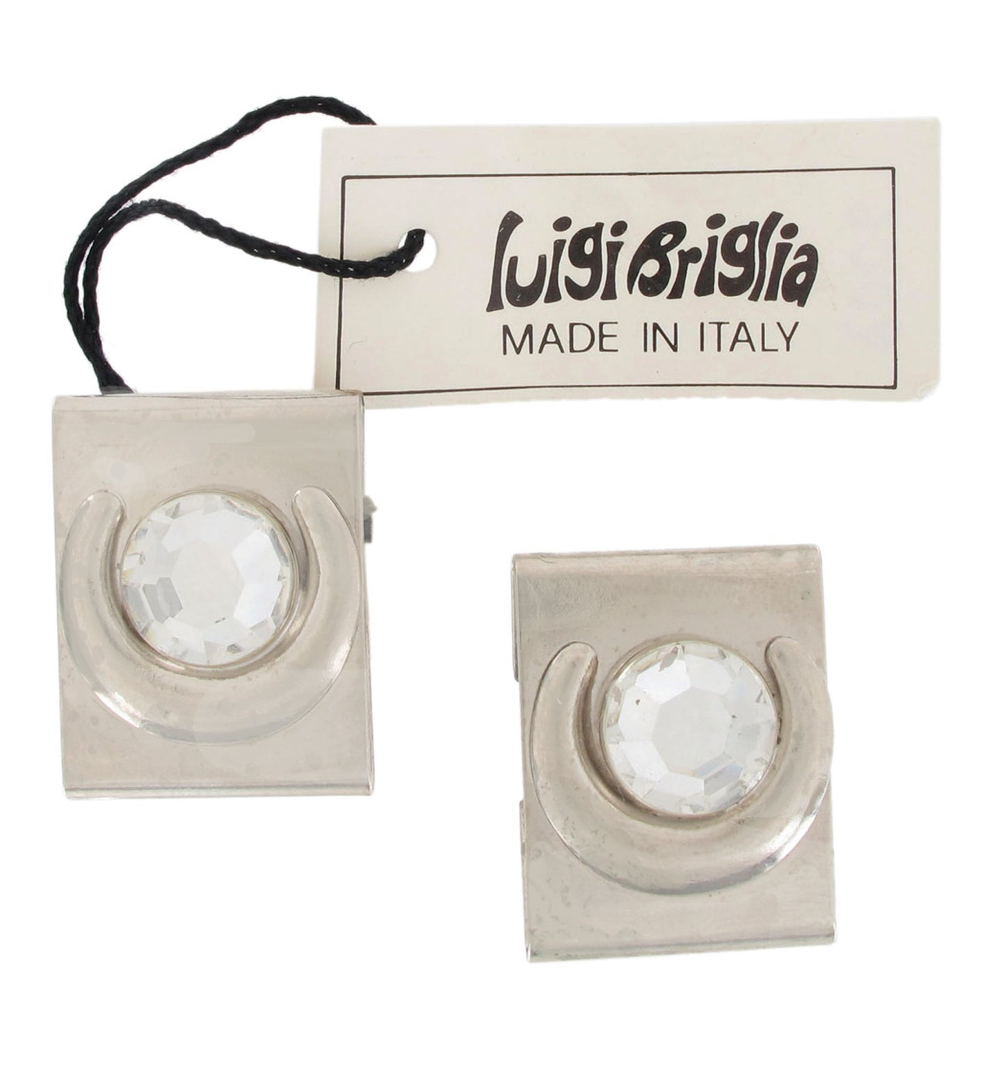 Luigi Briglia Clip On Earrings Silver Tone Square Clear Rhinestone Vintage 1.06"