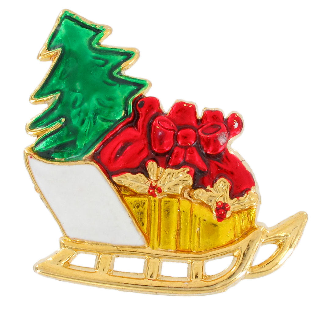 Gold Tone Christmas Tree Sled Pin Brooch Santas Gifts Vintage 1.81"