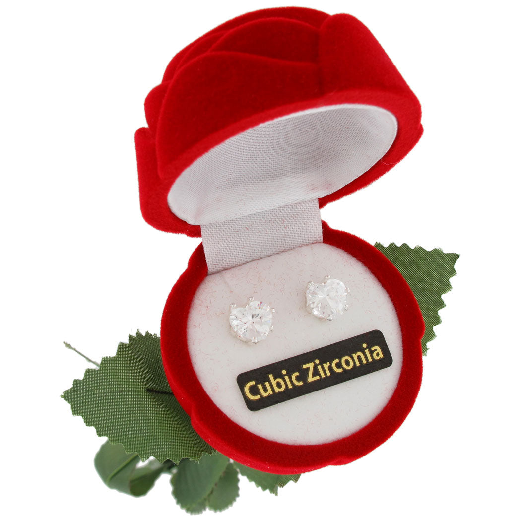 Stud Earrings Heart Cz Silver Tone Long Stemmed Rose Gift Boxed 7.8mm