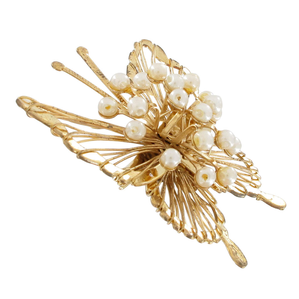 Vintage Butterfly Brooch Pin Gold Tone Faux Pearl Wire Women Jewelry 1 5/8"