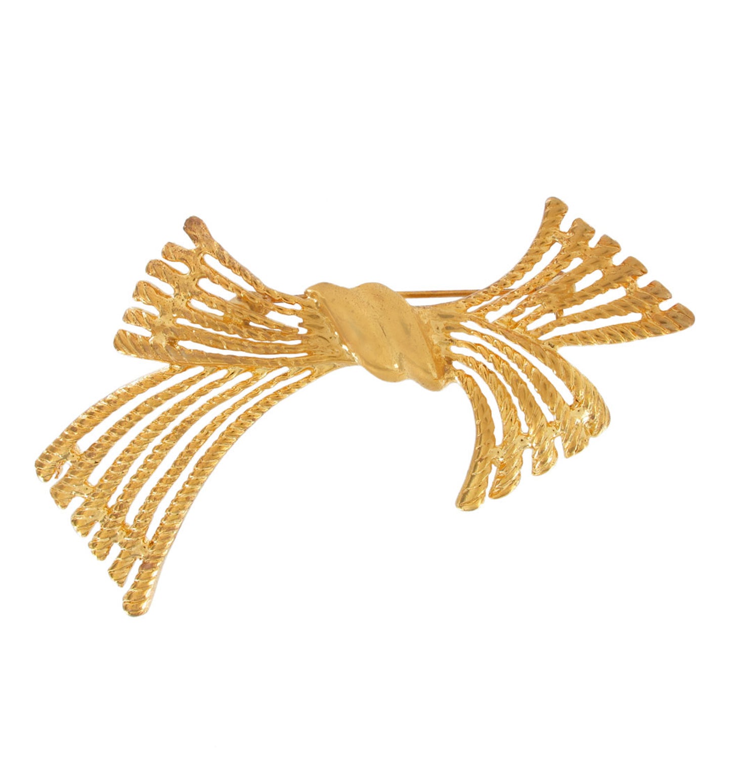 Vintage Large Gold Tone Textured Ribbon Bow Brooch Pin 3 1/2"