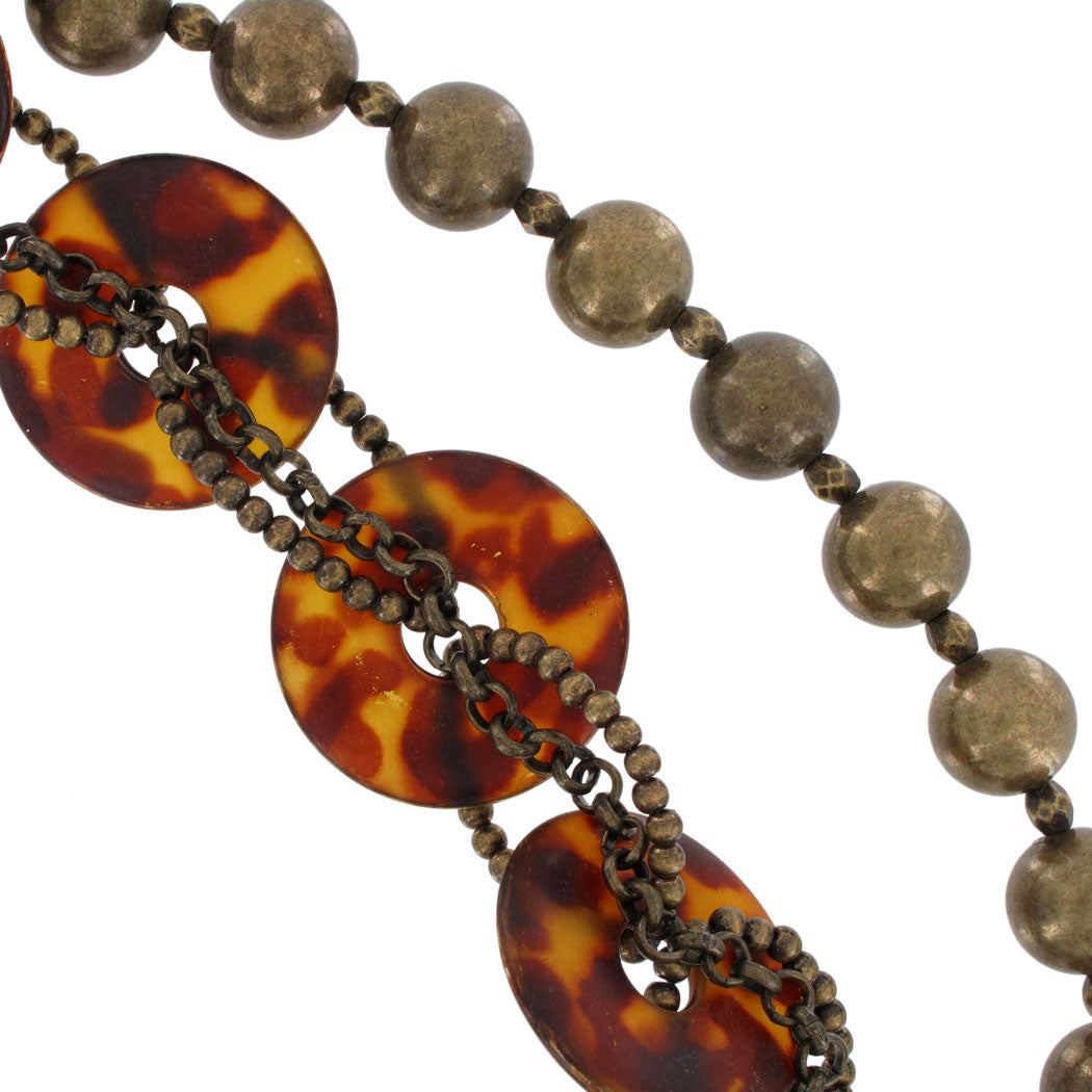 Multistrand Necklace Layered Safari Brass Tone Bead Chain Faux Tortoise Ring 18"