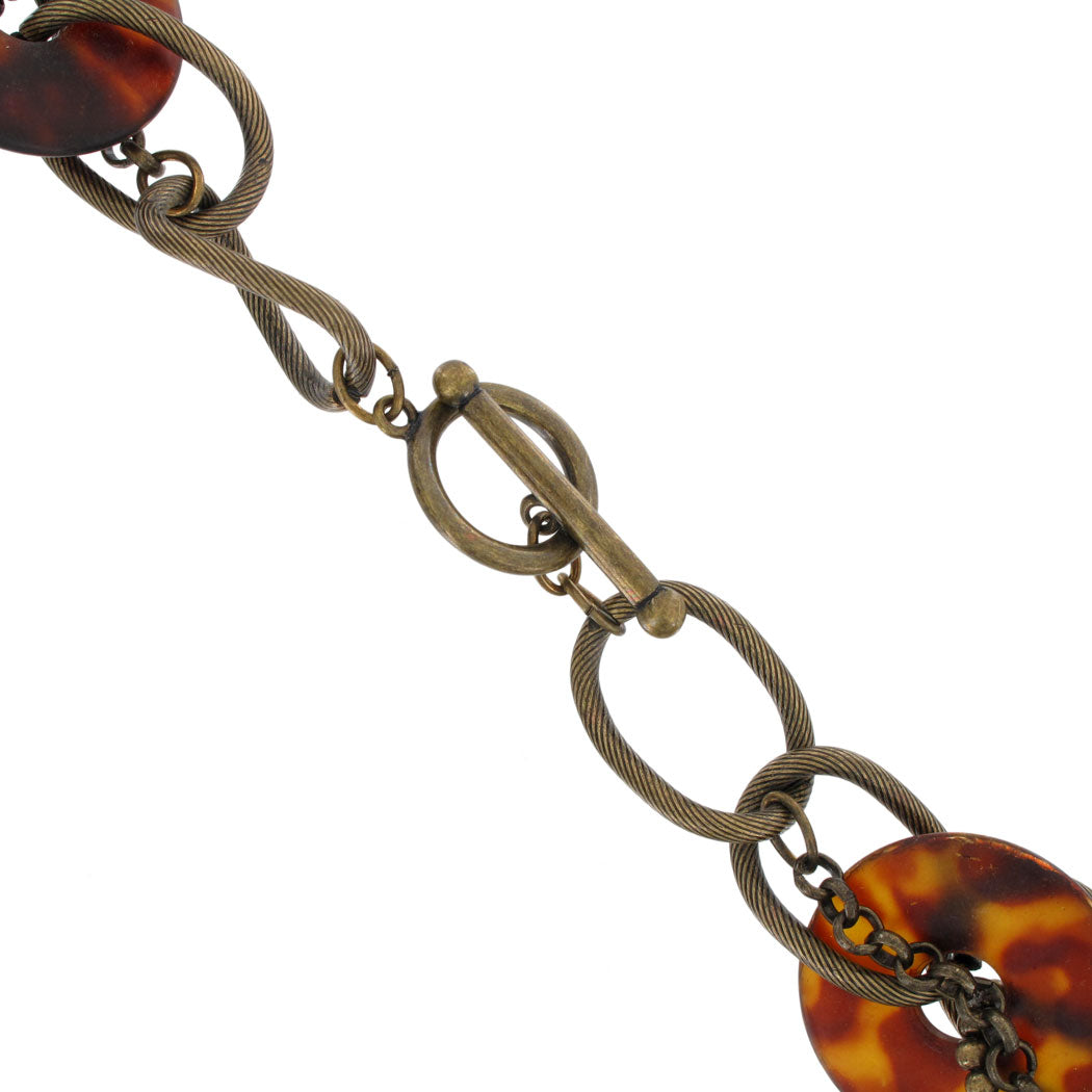 Multistrand Necklace Layered Safari Brass Tone Bead Chain Faux Tortoise Ring 18"