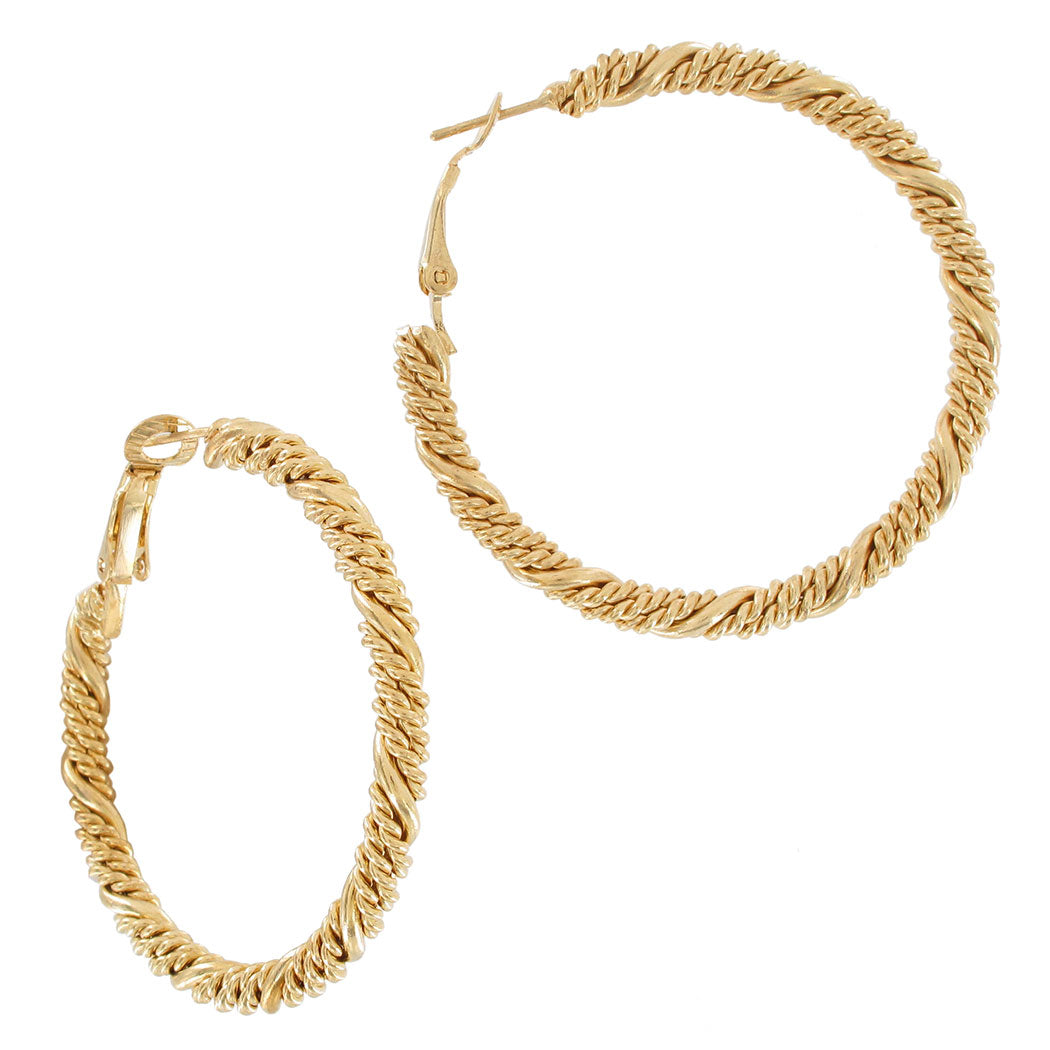 Round Hoop Pierced Earrings Rope Design 1 13/16" - Gold Tone