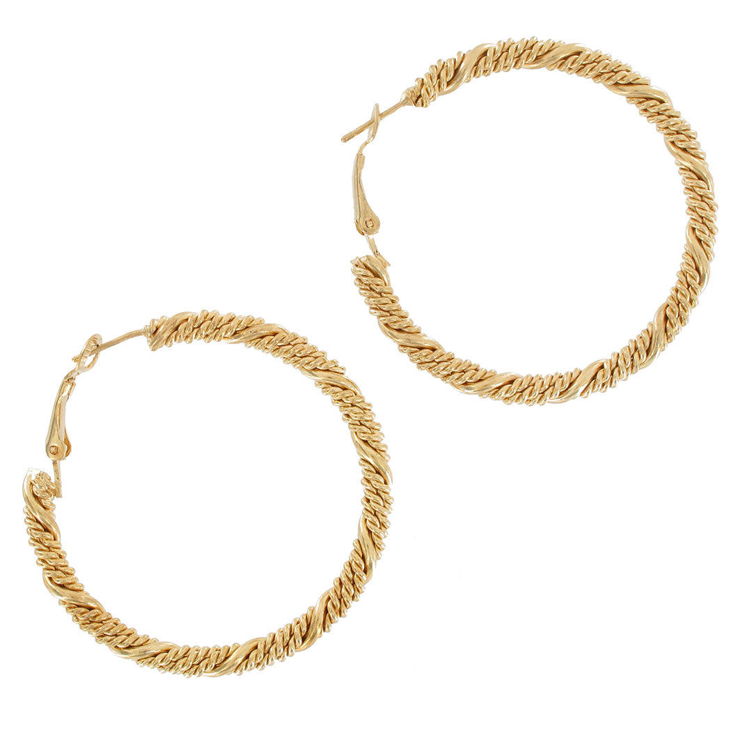 Round Hoop Pierced Earrings Rope Design 1 13/16" - Gold Tone
