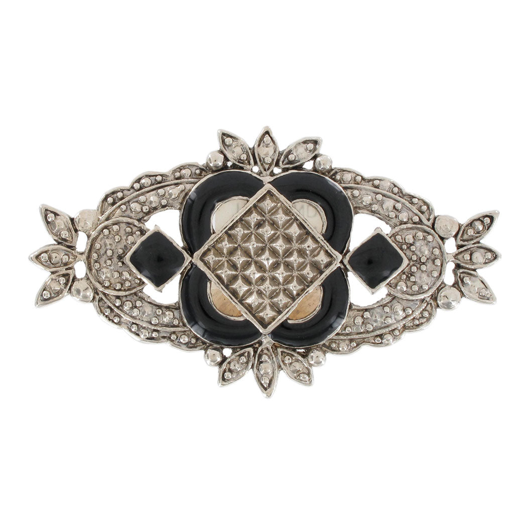 Art Deco Revival Silver Tone Black Framed Shield Brooch Pin 2 3/8"