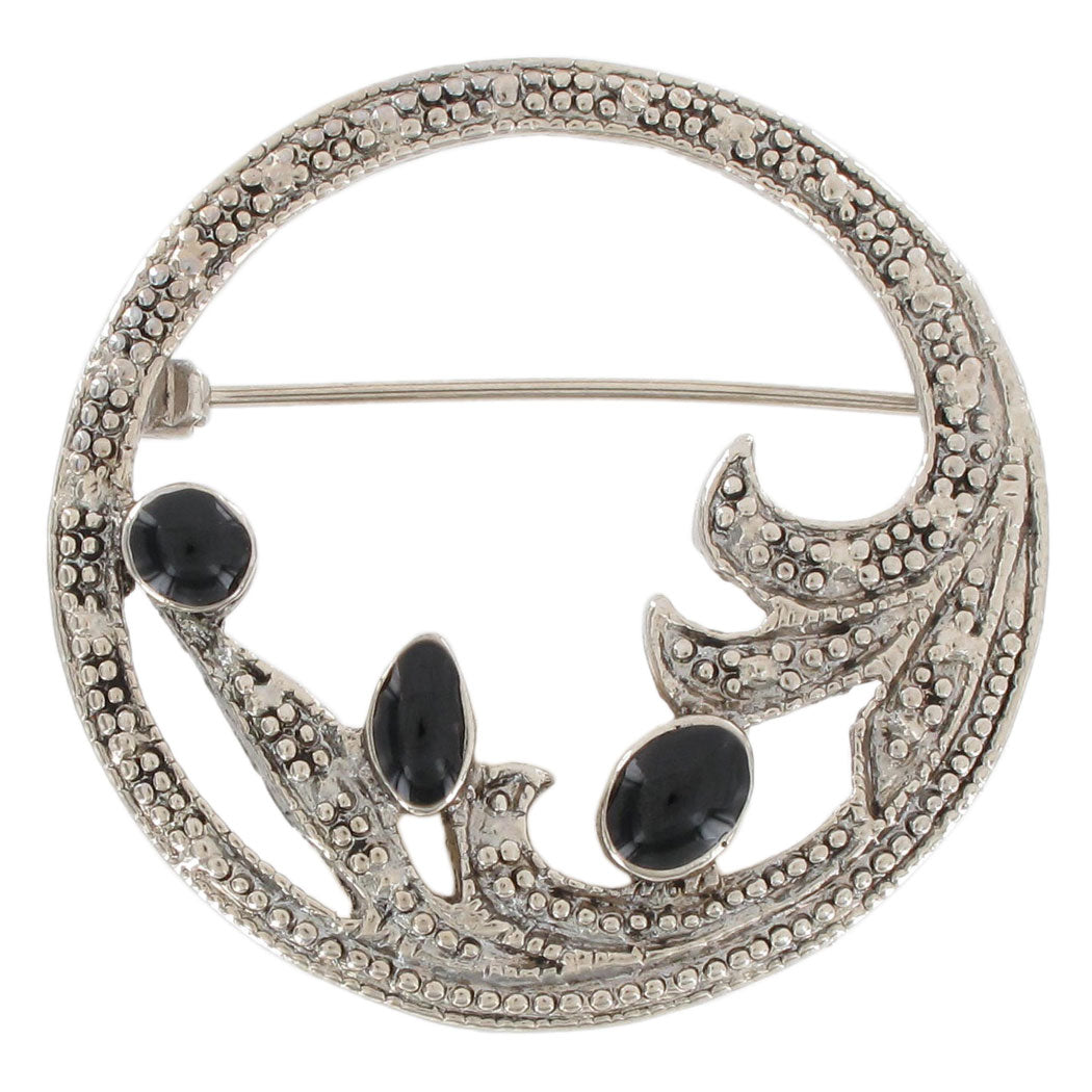 Silver Tone Black Round Floral Wreath Brooch Pin Art Deco Revival Style 1 1/2"