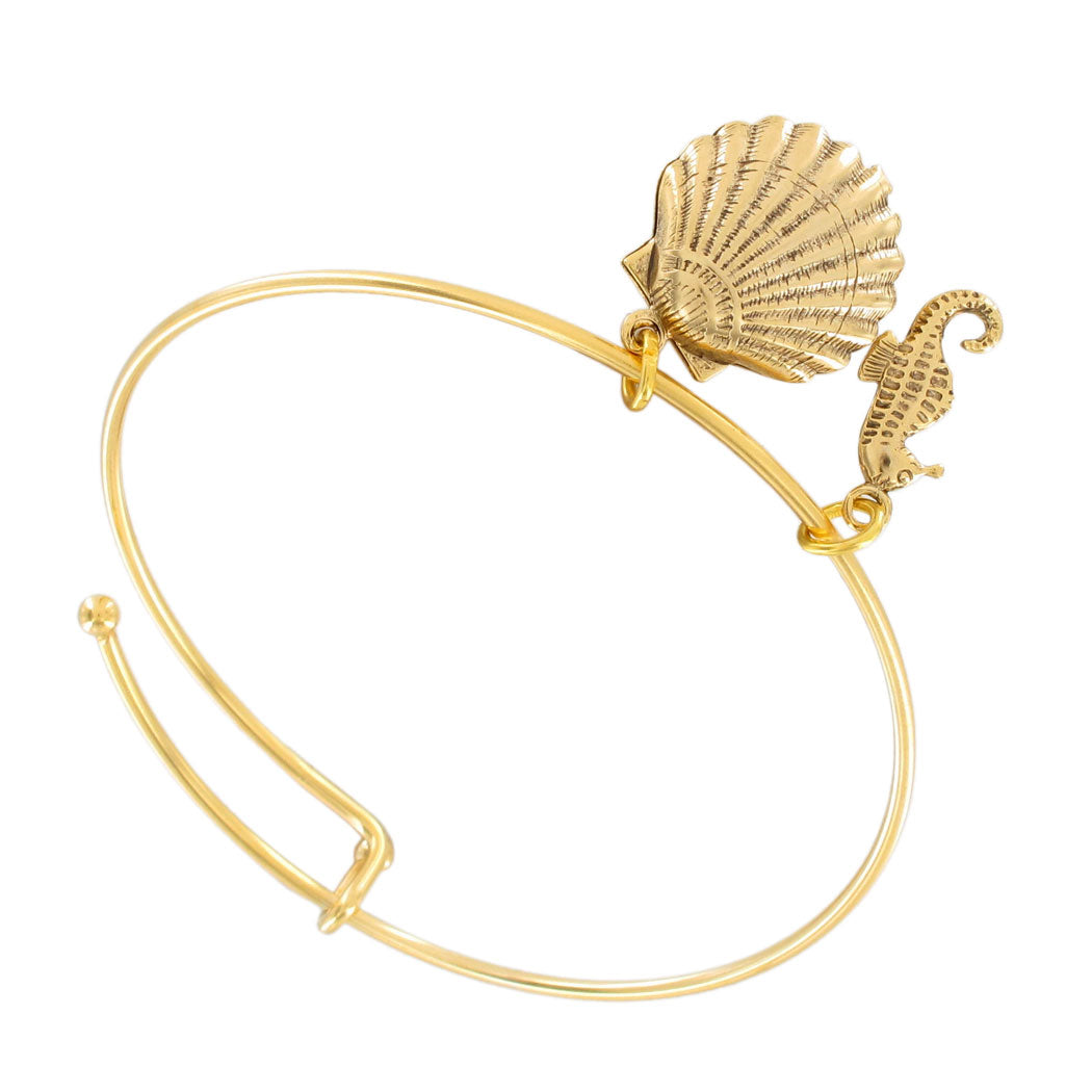 Ky & Co USA Made Gold Tone Shell Sea Horse Charm Bangle Bracelet 2.75 Diameter