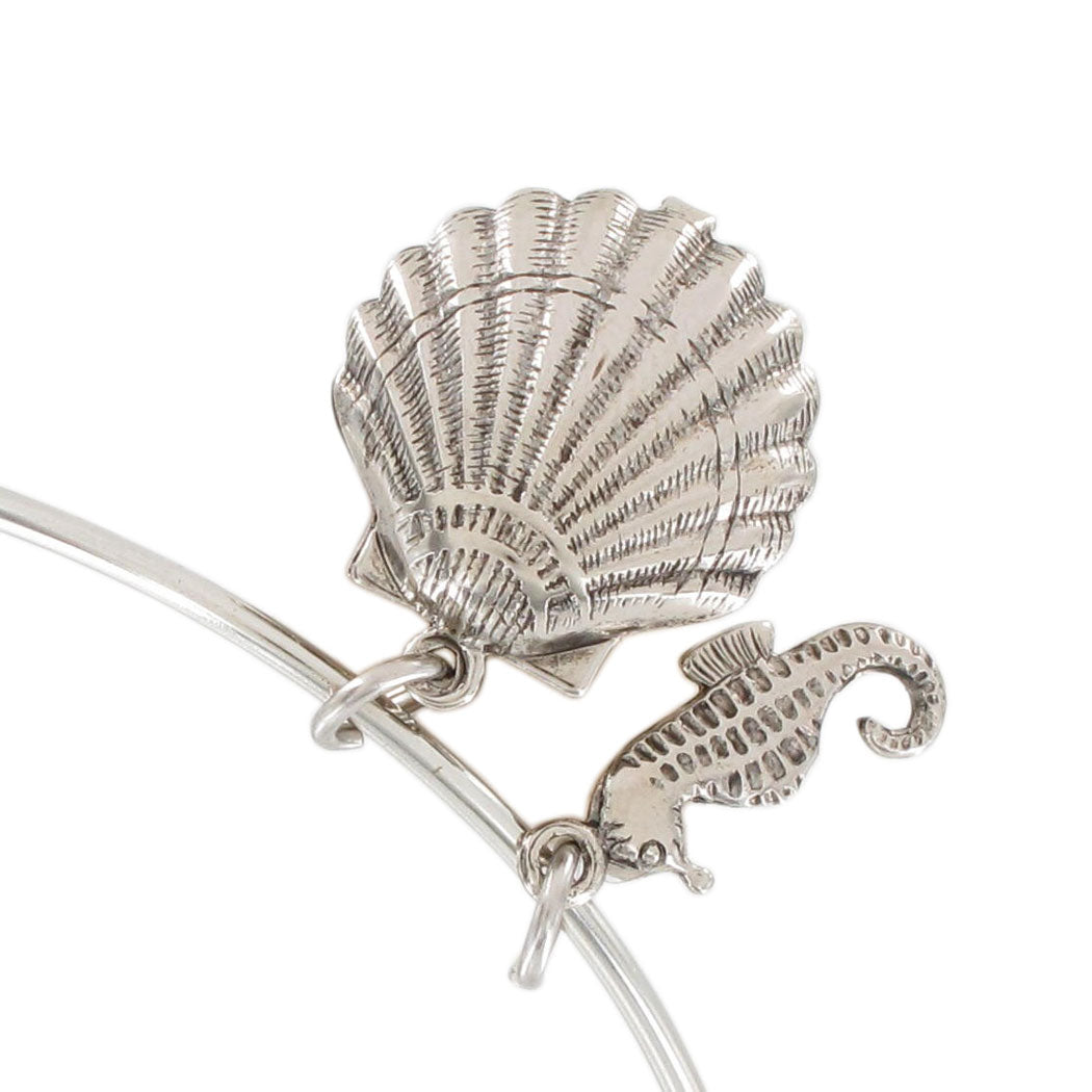 Ky & Co Shell Sea Horse Charm Bangle Bracelet One Size Fits Most - Silver Tone