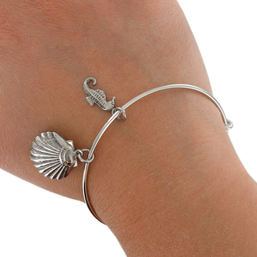 Ky & Co Shell Sea Horse Charm Bangle Bracelet One Size Fits Most - Silver Tone