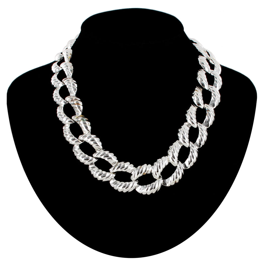 Cable Link Collar Necklace Silver Tone Ribbed Chunky Chain 18"
