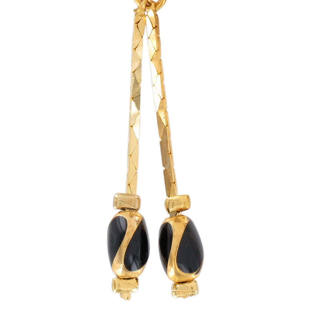 Gold Tone Chain Double Dangle Black Bead Pierced Earrings 1 1/2"