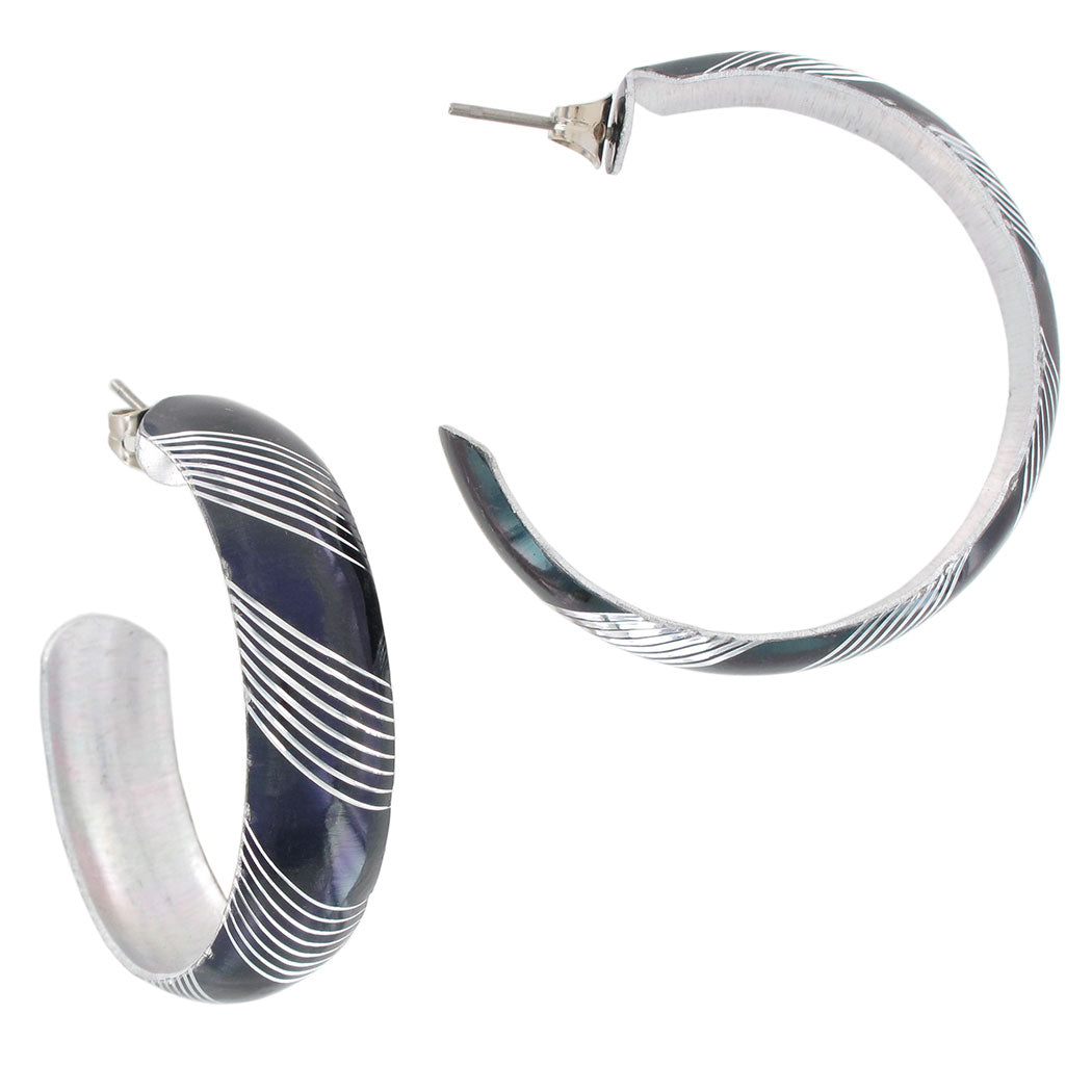 Pierced Hoop Earrings Silver Tone  Diagonal Stripe 1 1/2" Black