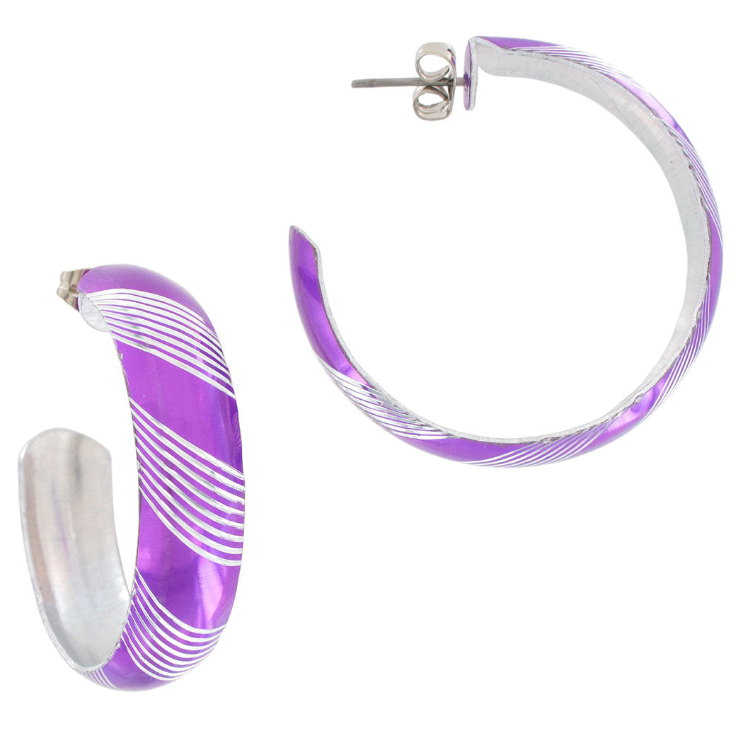 Pierced Hoop Earrings Silver Tone  Diagonal Stripe 1 1/2" Fuschia Purple