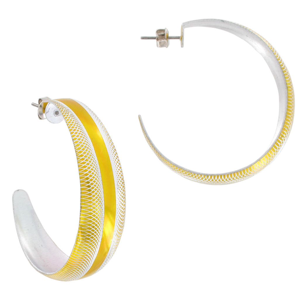 Pierced Hoop Earrings Silver Tone  1 3/4" Yellow Stripe