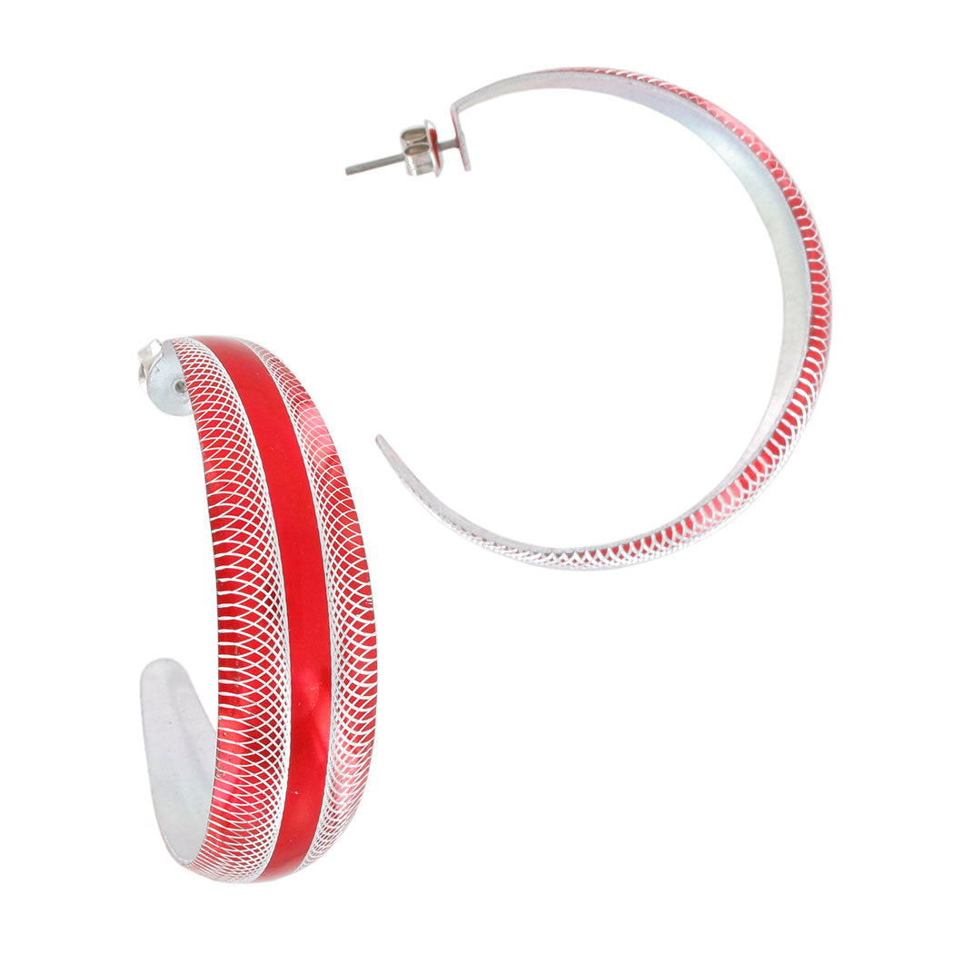 Pierced Hoop Earrings Silver Tone  1 3/4" Red Stripe
